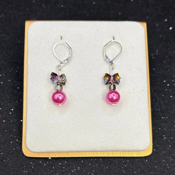 Crystal Bow & Pink Pearl Dangle Earrings - Picture 3 of 4